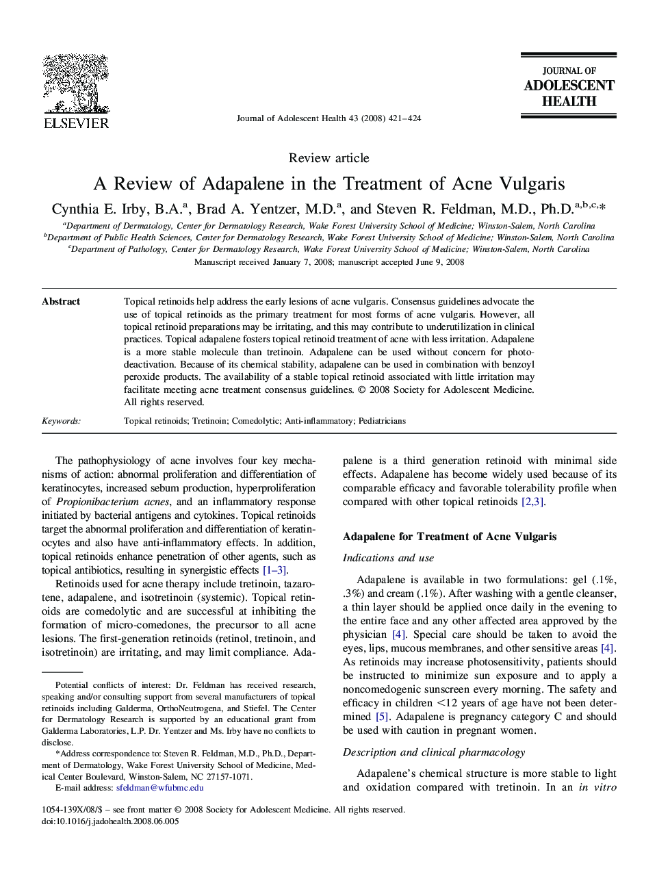 A Review of Adapalene in the Treatment of Acne Vulgaris 
