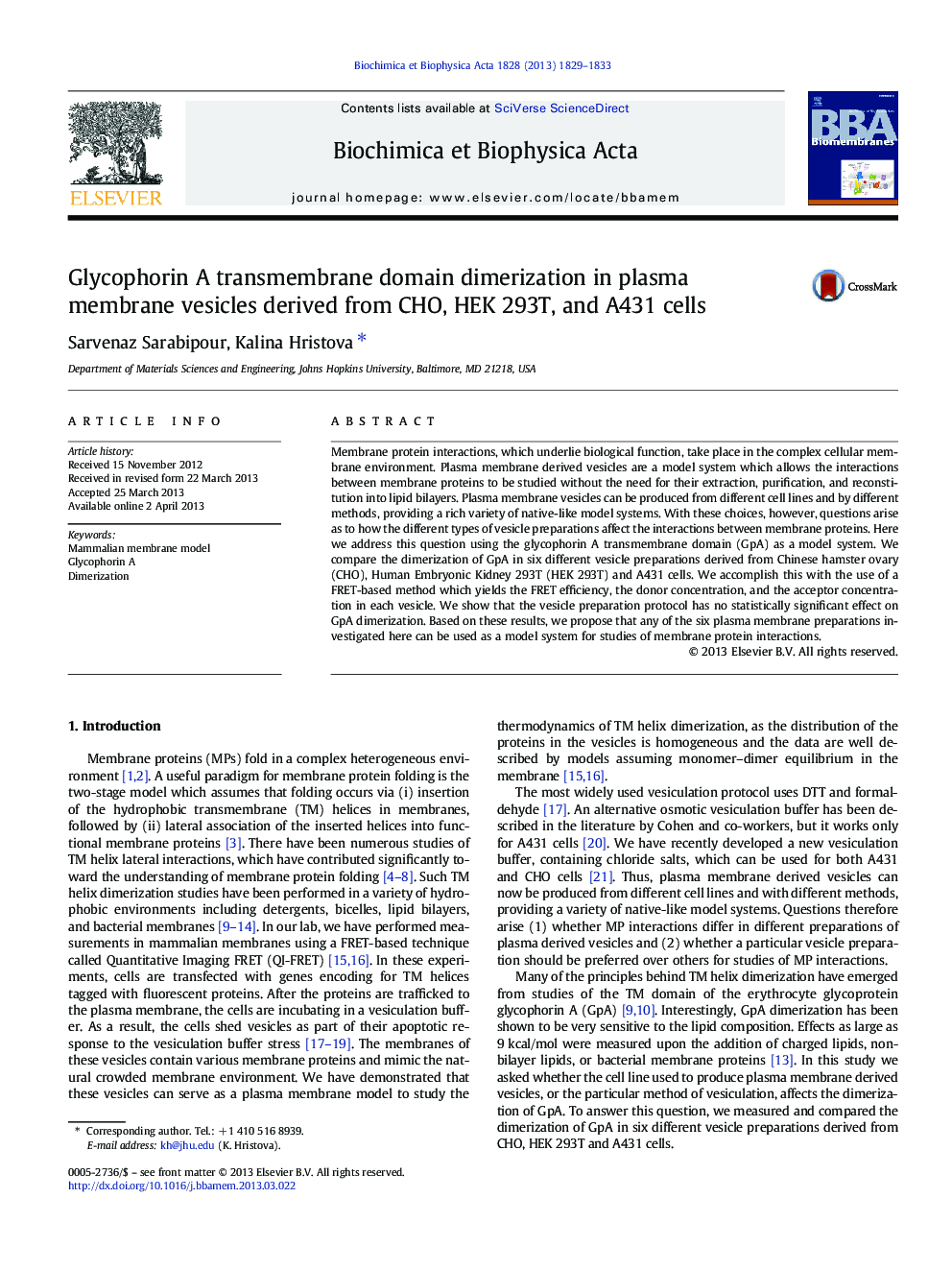 Glycophorin A transmembrane domain dimerization in plasma membrane vesicles derived from CHO, HEK 293T, and A431 cells