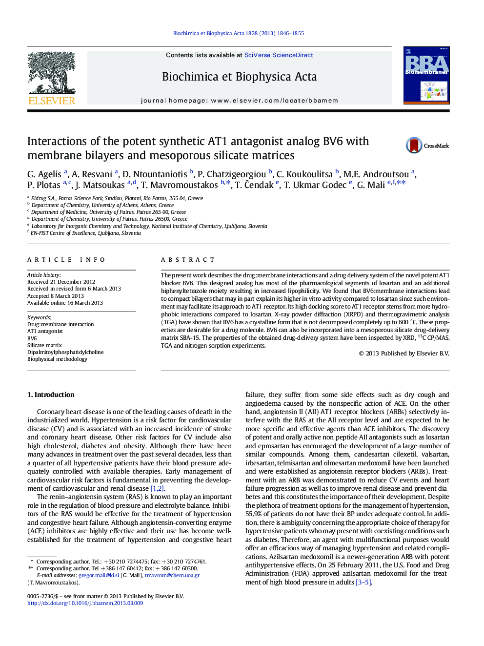 Interactions of the potent synthetic AT1 antagonist analog BV6 with membrane bilayers and mesoporous silicate matrices