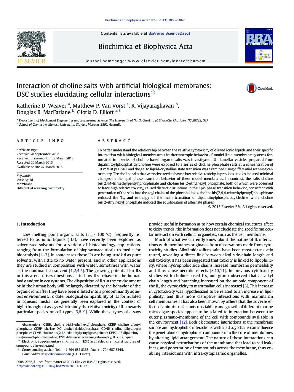 Interaction of choline salts with artificial biological membranes: DSC studies elucidating cellular interactions