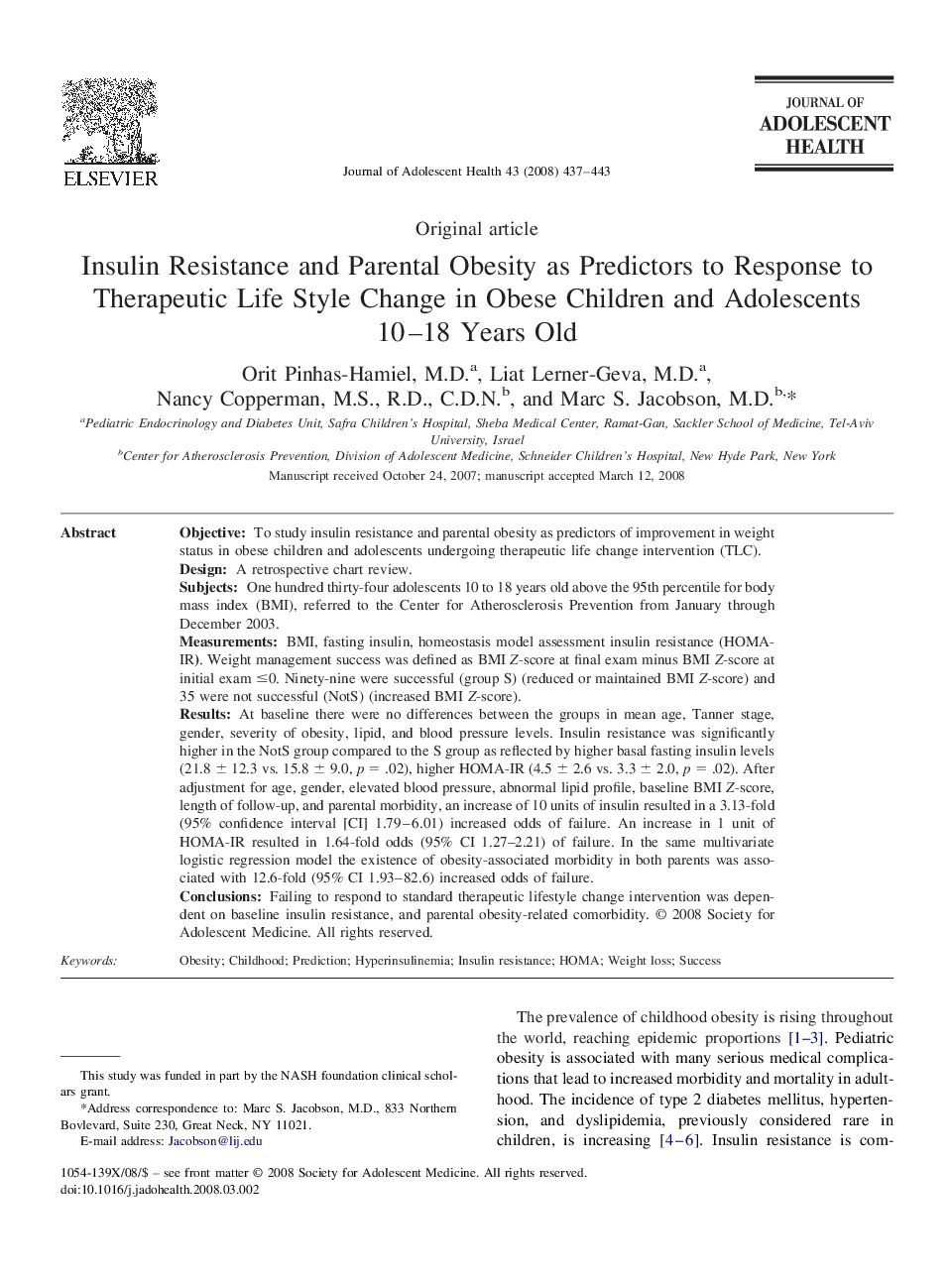 Insulin Resistance and Parental Obesity as Predictors to Response to Therapeutic Life Style Change in Obese Children and Adolescents 10–18 Years Old 