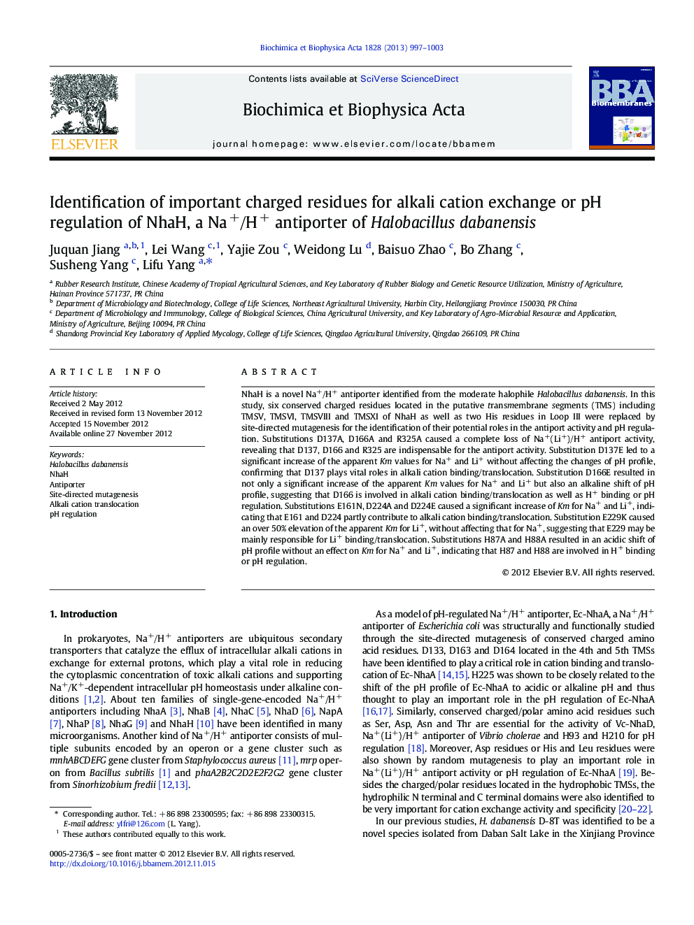 Identification of important charged residues for alkali cation exchange or pH regulation of NhaH, a Na+/H+ antiporter of Halobacillus dabanensis