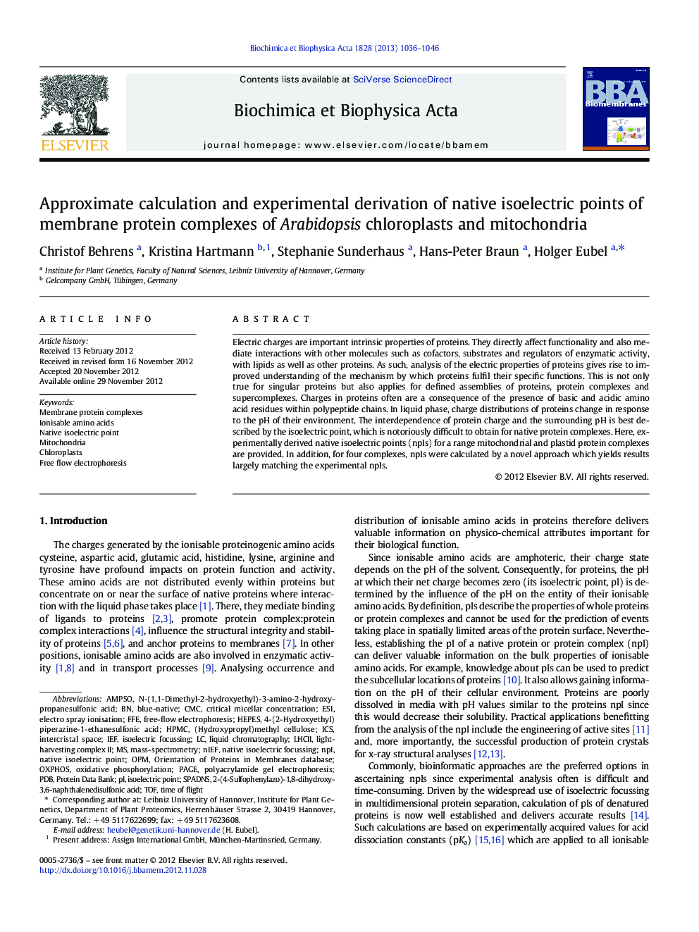 Approximate calculation and experimental derivation of native isoelectric points of membrane protein complexes of Arabidopsis chloroplasts and mitochondria