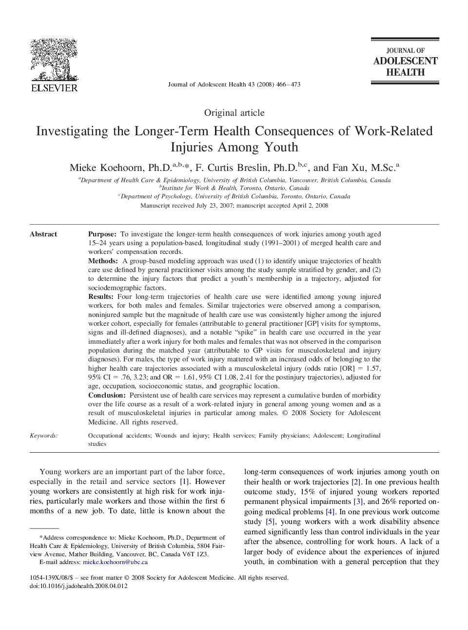 Investigating the Longer-Term Health Consequences of Work-Related Injuries Among Youth