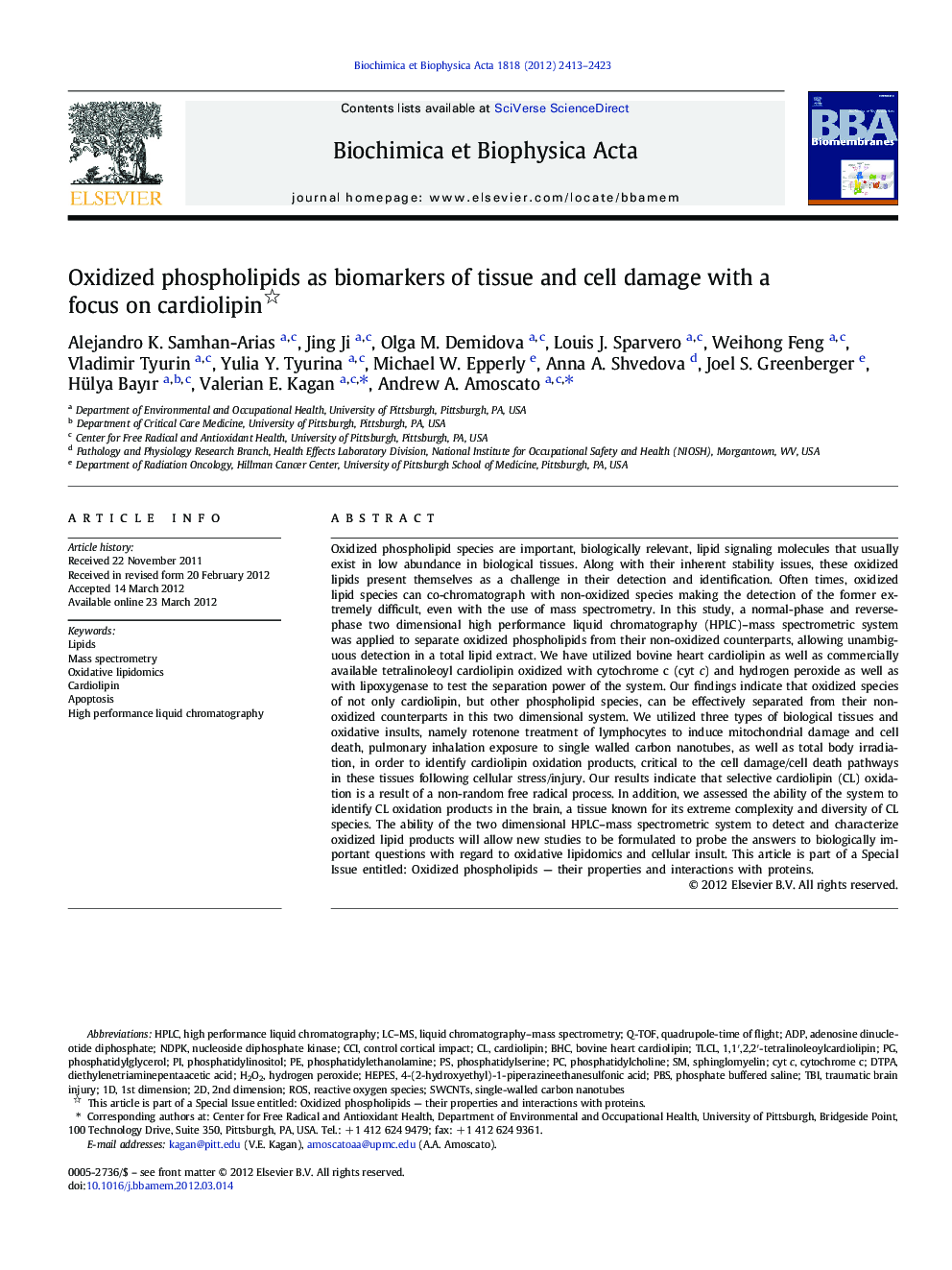 Oxidized phospholipids as biomarkers of tissue and cell damage with a focus on cardiolipin