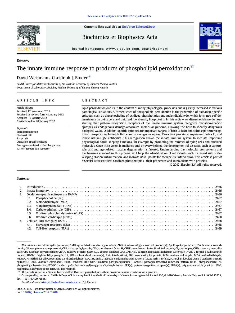 The innate immune response to products of phospholipid peroxidation