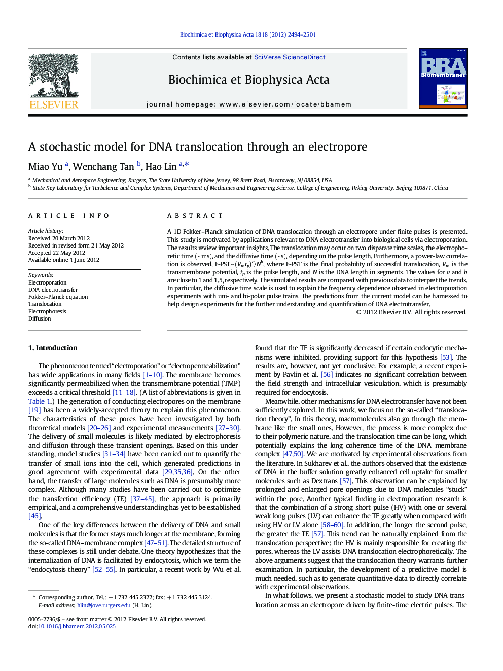 A stochastic model for DNA translocation through an electropore