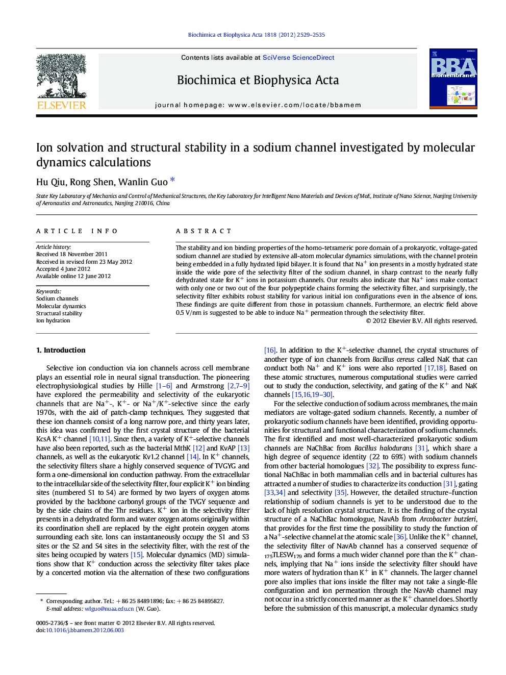 Ion solvation and structural stability in a sodium channel investigated by molecular dynamics calculations