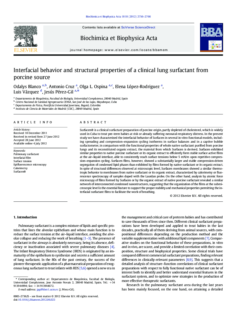 Interfacial behavior and structural properties of a clinical lung surfactant from porcine source