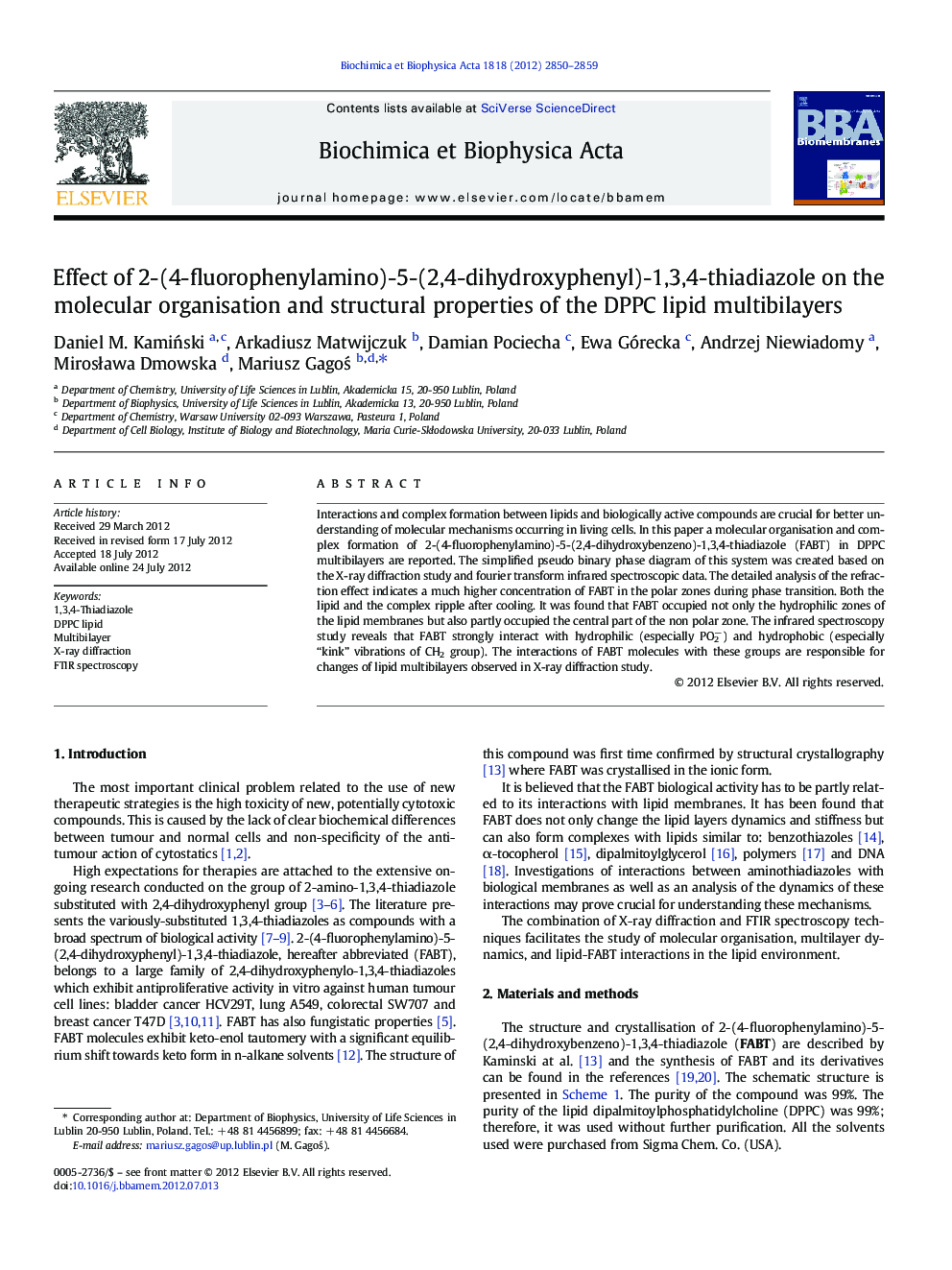 Effect of 2-(4-fluorophenylamino)-5-(2,4-dihydroxyphenyl)-1,3,4-thiadiazole on the molecular organisation and structural properties of the DPPC lipid multibilayers