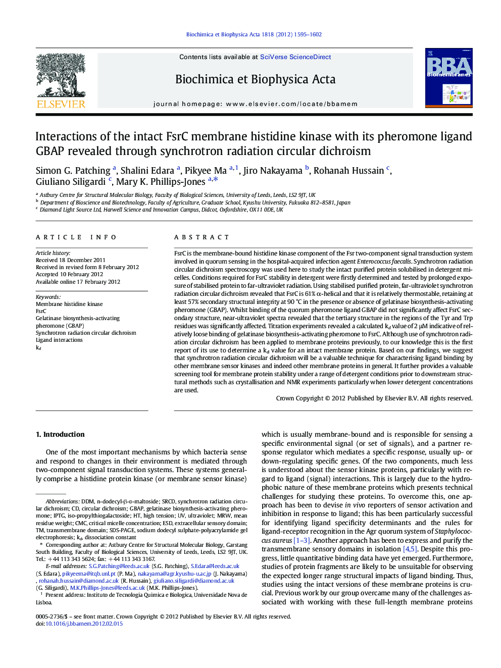 Interactions of the intact FsrC membrane histidine kinase with its pheromone ligand GBAP revealed through synchrotron radiation circular dichroism