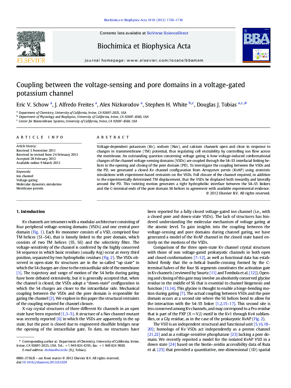 Coupling between the voltage-sensing and pore domains in a voltage-gated potassium channel