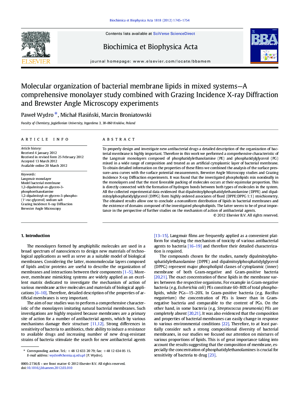 Molecular organization of bacterial membrane lipids in mixed systems-A comprehensive monolayer study combined with Grazing Incidence X-ray Diffraction and Brewster Angle Microscopy experiments