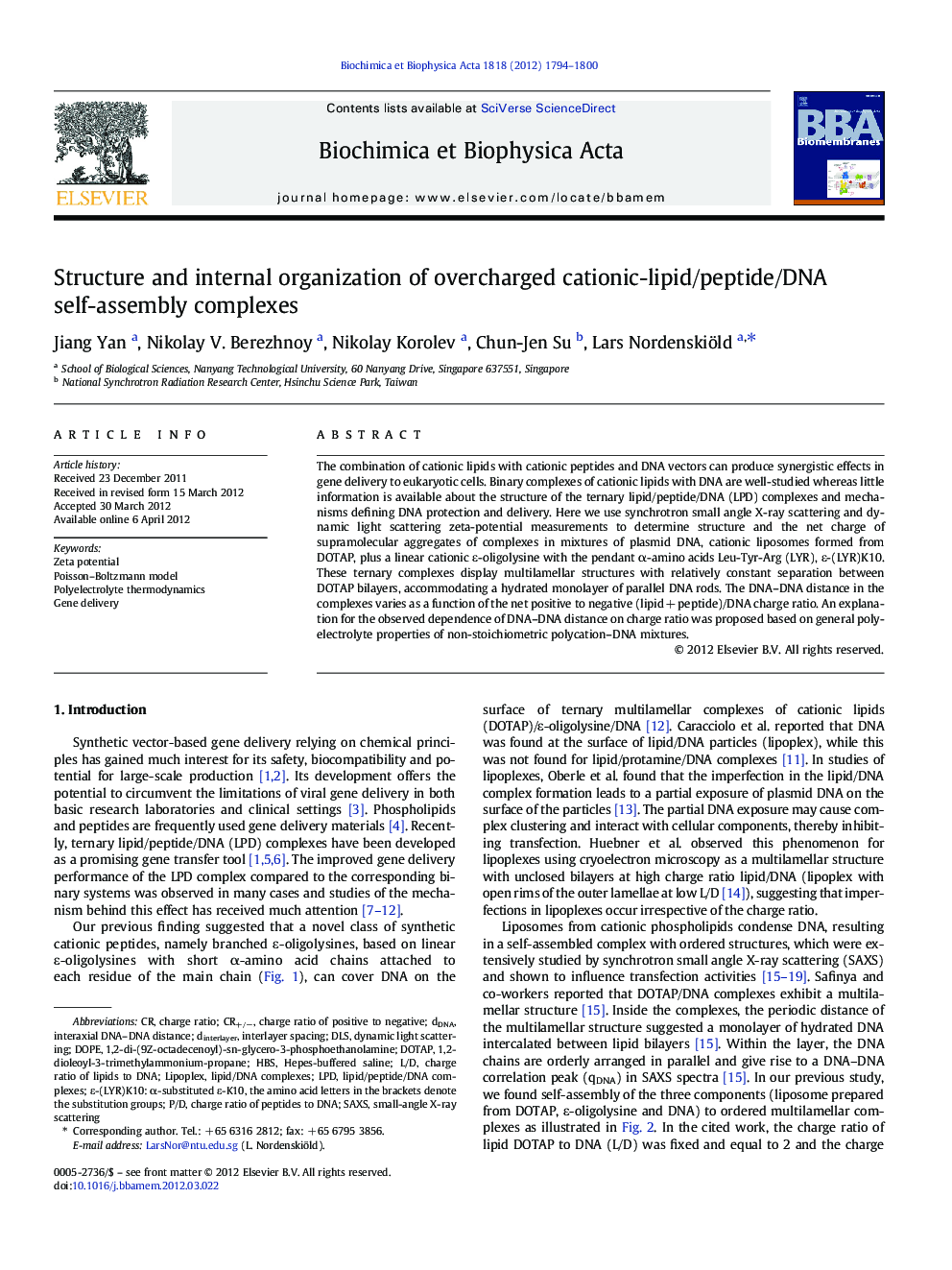 Structure and internal organization of overcharged cationic-lipid/peptide/DNA self-assembly complexes