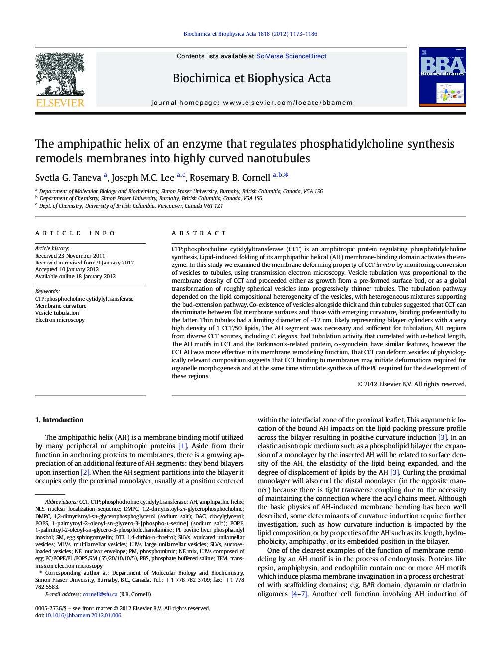 The amphipathic helix of an enzyme that regulates phosphatidylcholine synthesis remodels membranes into highly curved nanotubules