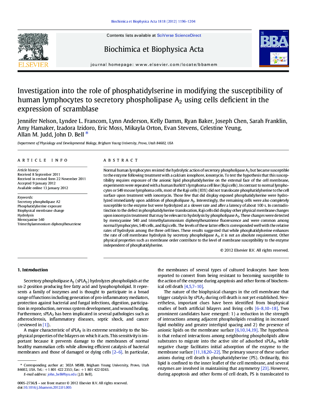 Investigation into the role of phosphatidylserine in modifying the susceptibility of human lymphocytes to secretory phospholipase A2 using cells deficient in the expression of scramblase