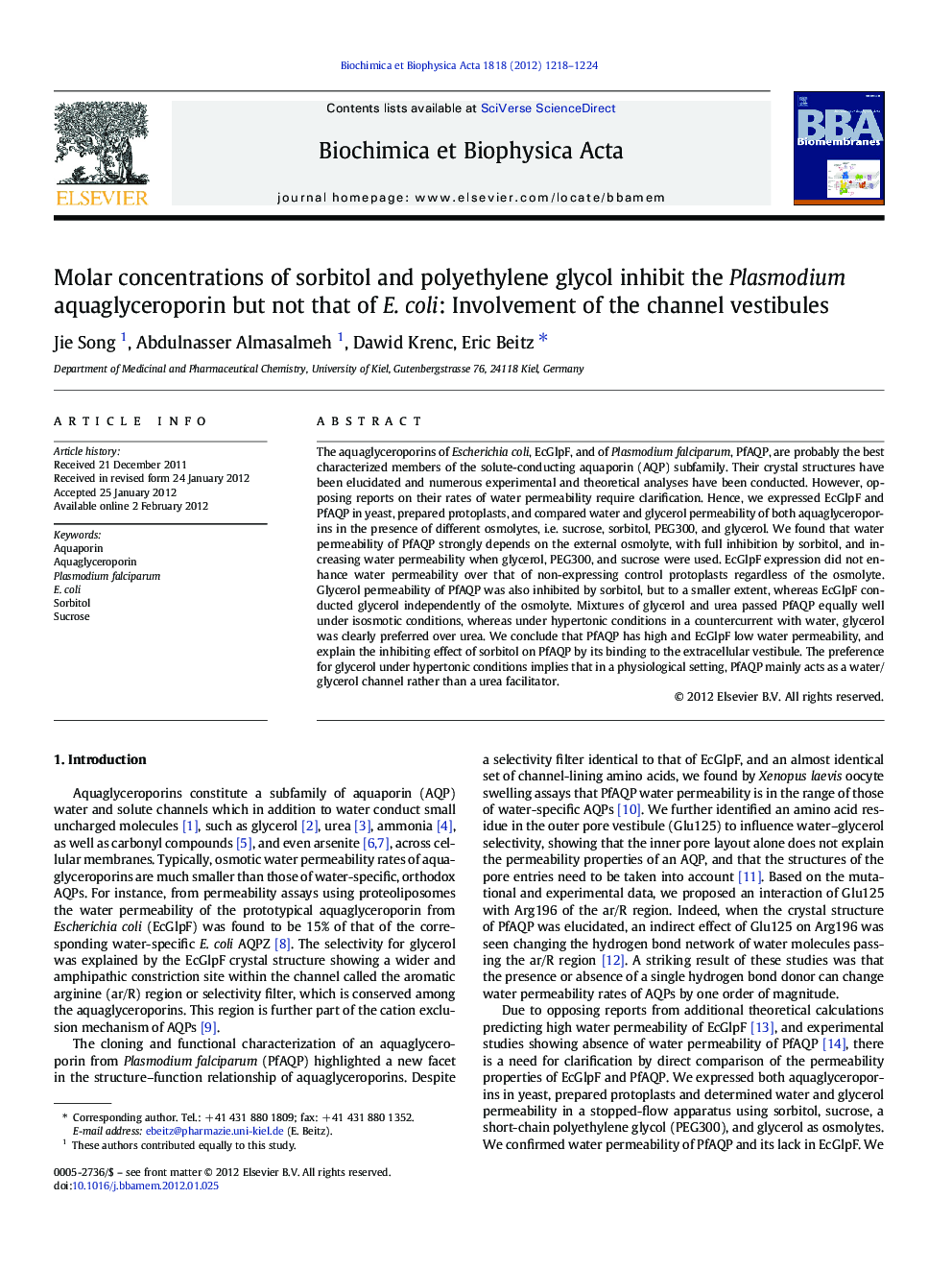 Molar concentrations of sorbitol and polyethylene glycol inhibit the Plasmodium aquaglyceroporin but not that of E. coli: Involvement of the channel vestibules