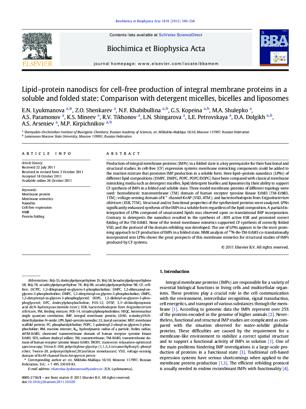 Lipid-protein nanodiscs for cell-free production of integral membrane proteins in a soluble and folded state: Comparison with detergent micelles, bicelles and liposomes