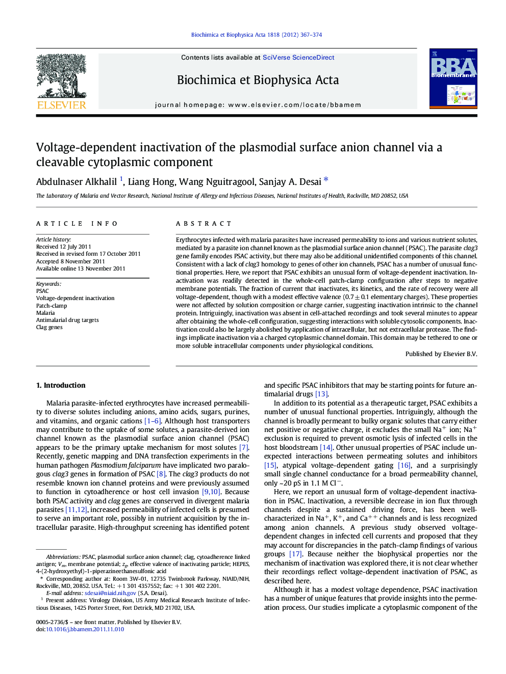 Voltage-dependent inactivation of the plasmodial surface anion channel via a cleavable cytoplasmic component