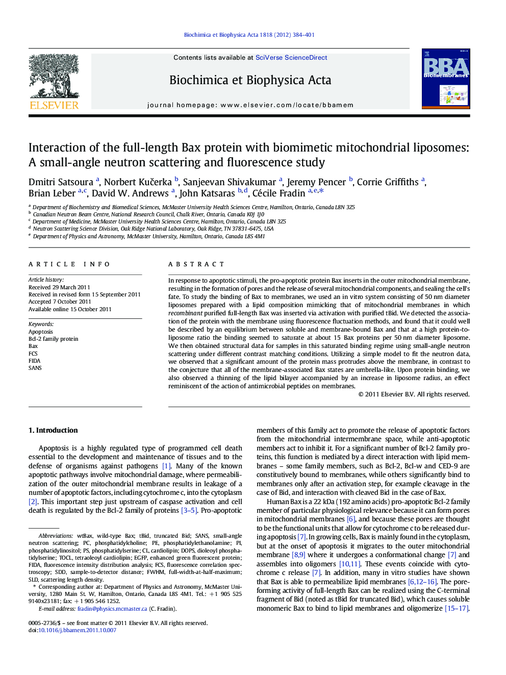 Interaction of the full-length Bax protein with biomimetic mitochondrial liposomes: A small-angle neutron scattering and fluorescence study