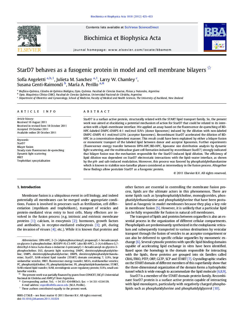 StarD7 behaves as a fusogenic protein in model and cell membrane bilayers