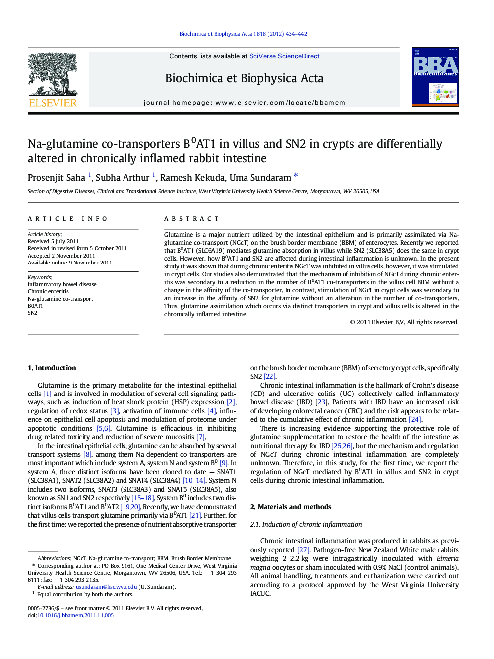 Na-glutamine co-transporters B0AT1 in villus and SN2 in crypts are differentially altered in chronically inflamed rabbit intestine