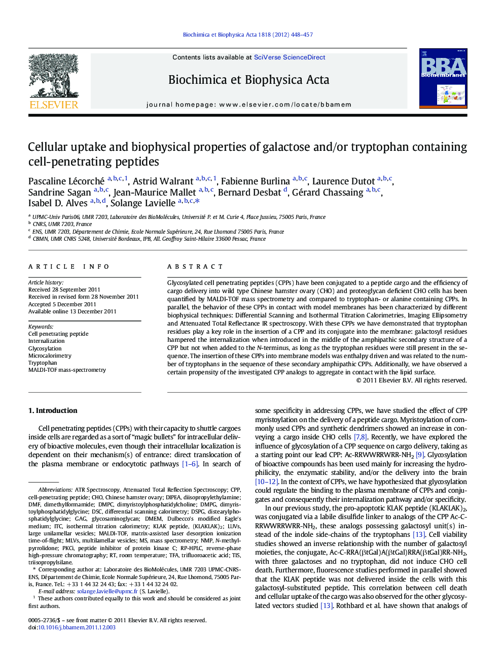 Cellular uptake and biophysical properties of galactose and/or tryptophan containing cell-penetrating peptides