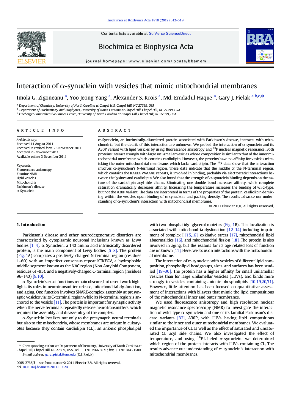 Interaction of Î±-synuclein with vesicles that mimic mitochondrial membranes