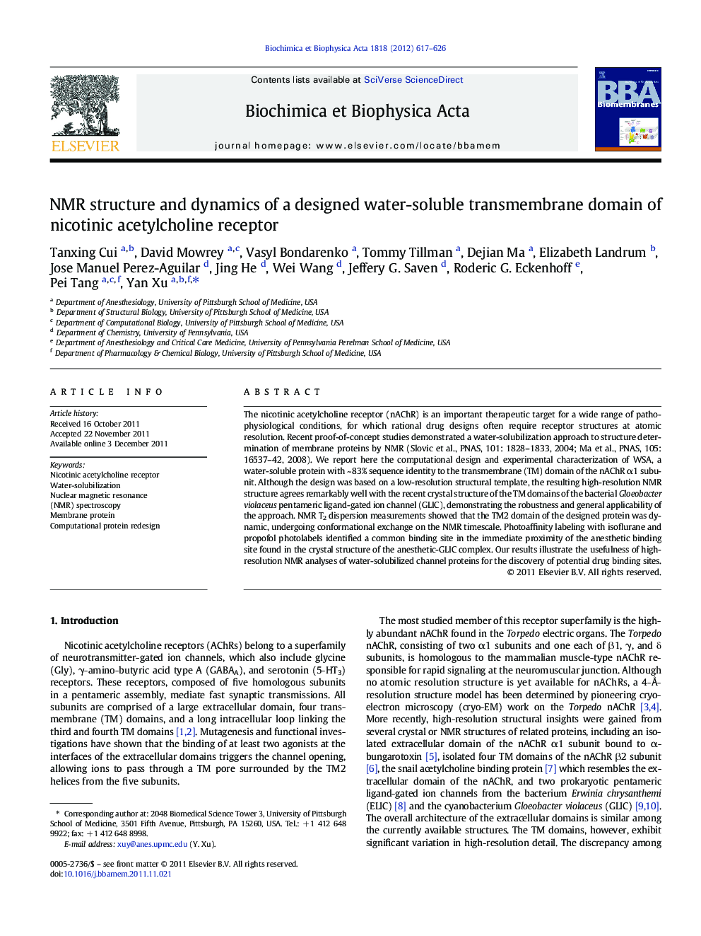 NMR structure and dynamics of a designed water-soluble transmembrane domain of nicotinic acetylcholine receptor