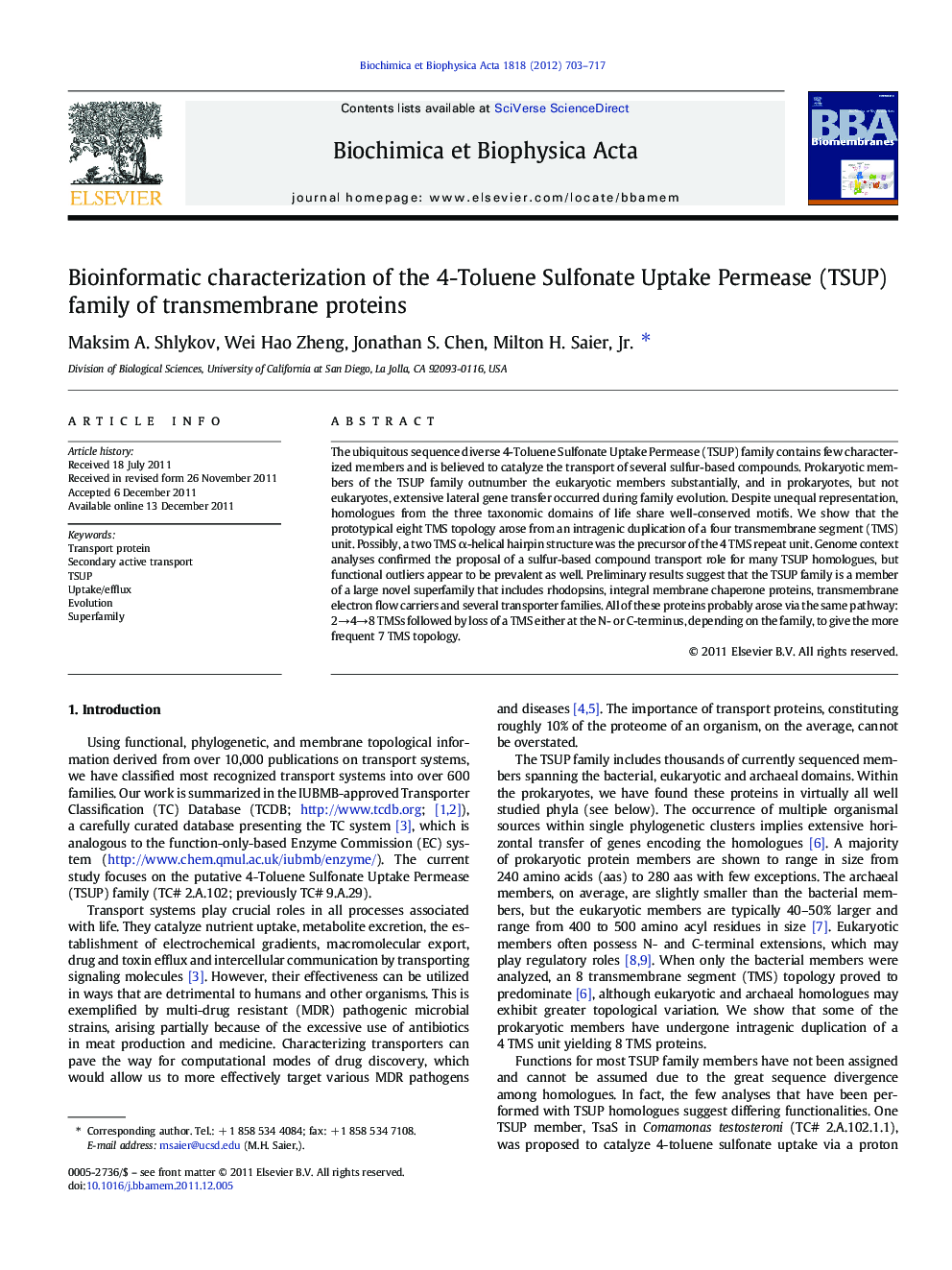 Bioinformatic characterization of the 4-Toluene Sulfonate Uptake Permease (TSUP) family of transmembrane proteins