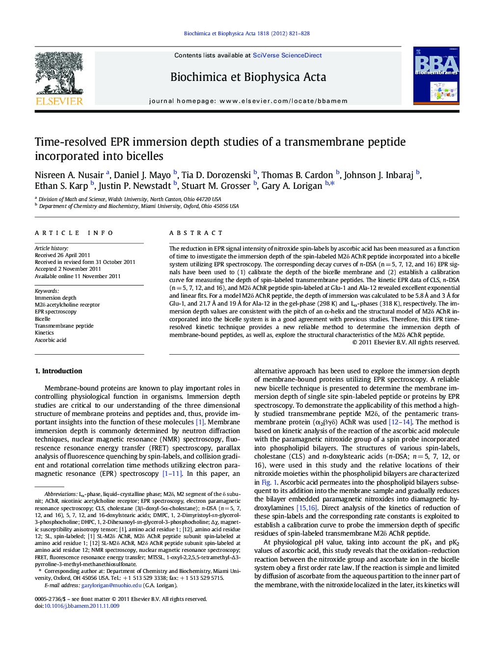 Time-resolved EPR immersion depth studies of a transmembrane peptide incorporated into bicelles