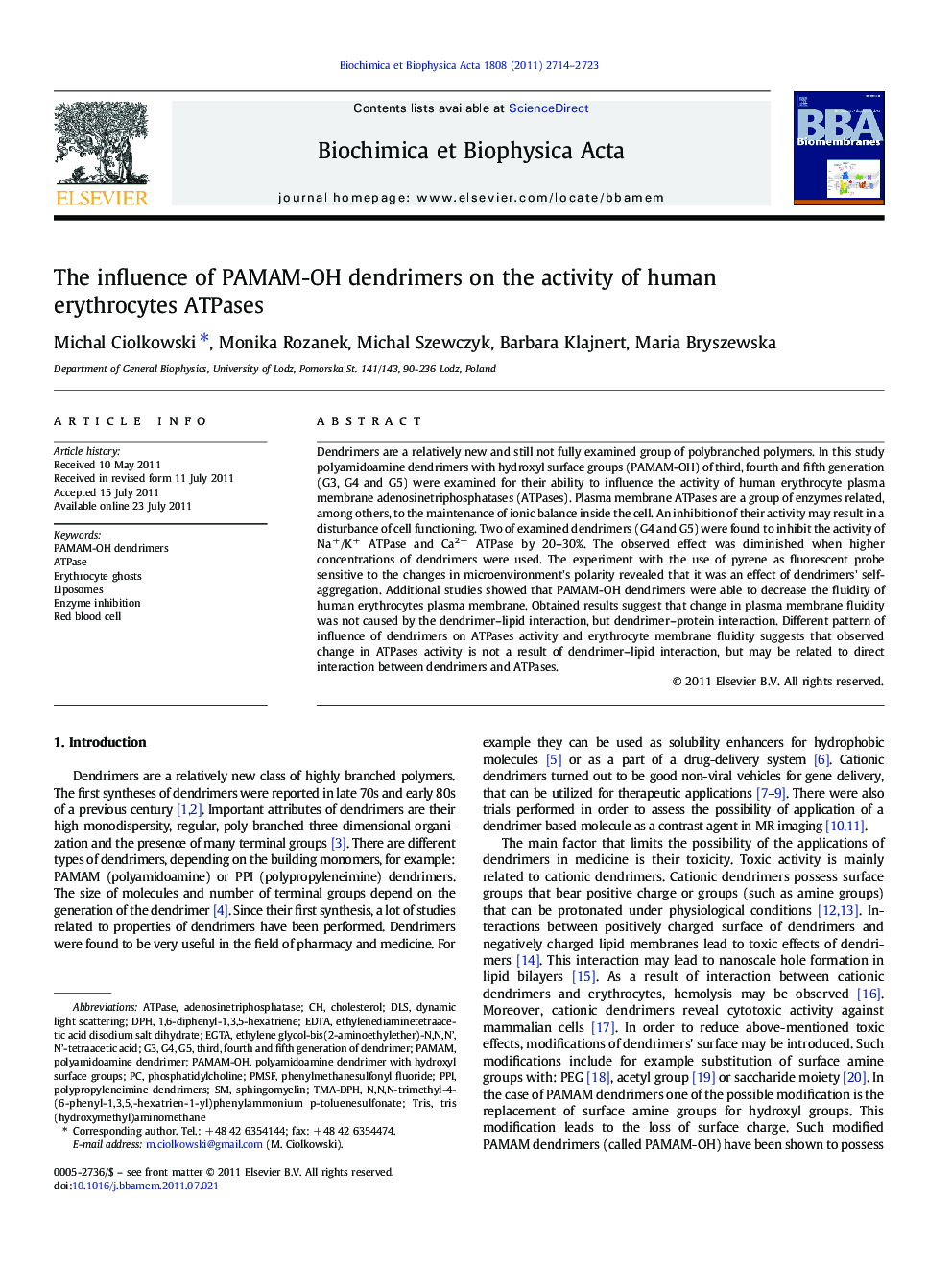 The influence of PAMAM-OH dendrimers on the activity of human erythrocytes ATPases