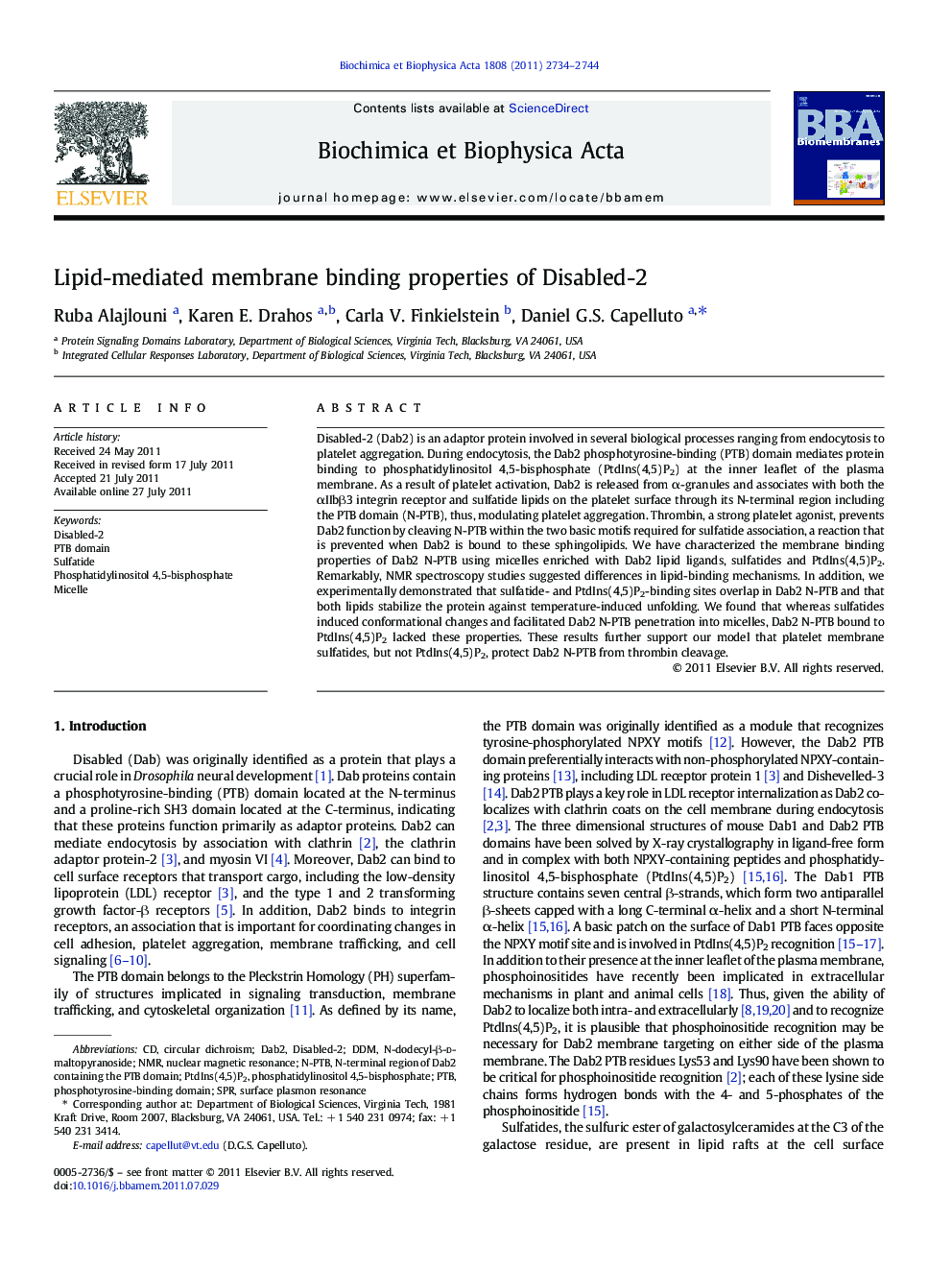 Lipid-mediated membrane binding properties of Disabled-2