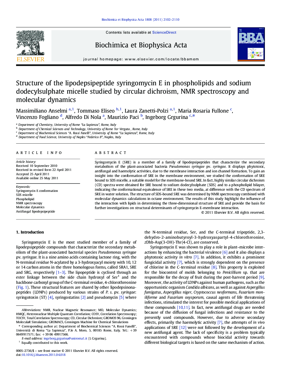 Structure of the lipodepsipeptide syringomycin E in phospholipids and sodium dodecylsulphate micelle studied by circular dichroism, NMR spectroscopy and molecular dynamics