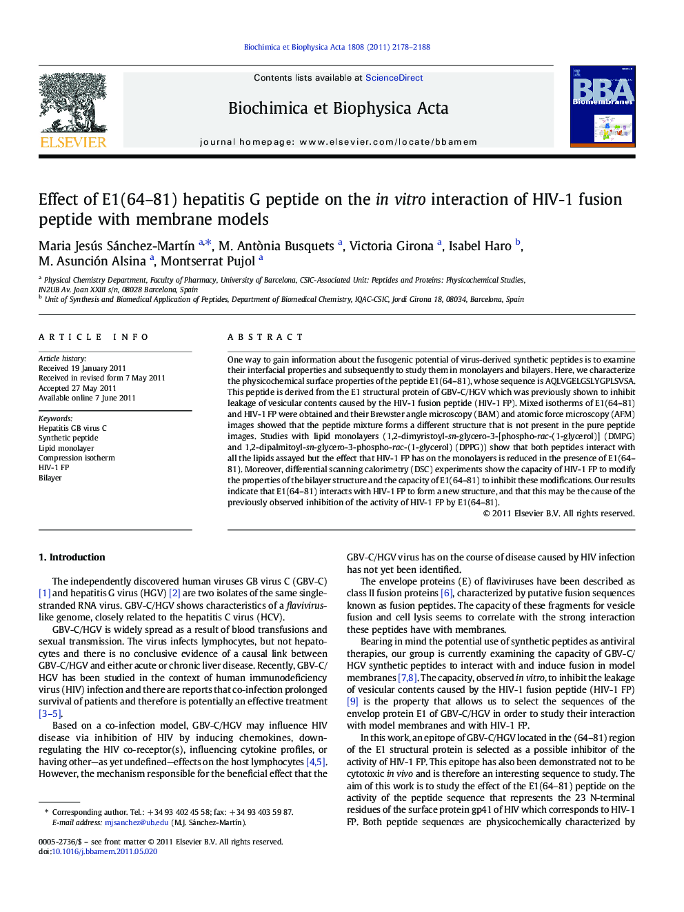 Effect of E1(64-81) hepatitis G peptide on the in vitro interaction of HIV-1 fusion peptide with membrane models