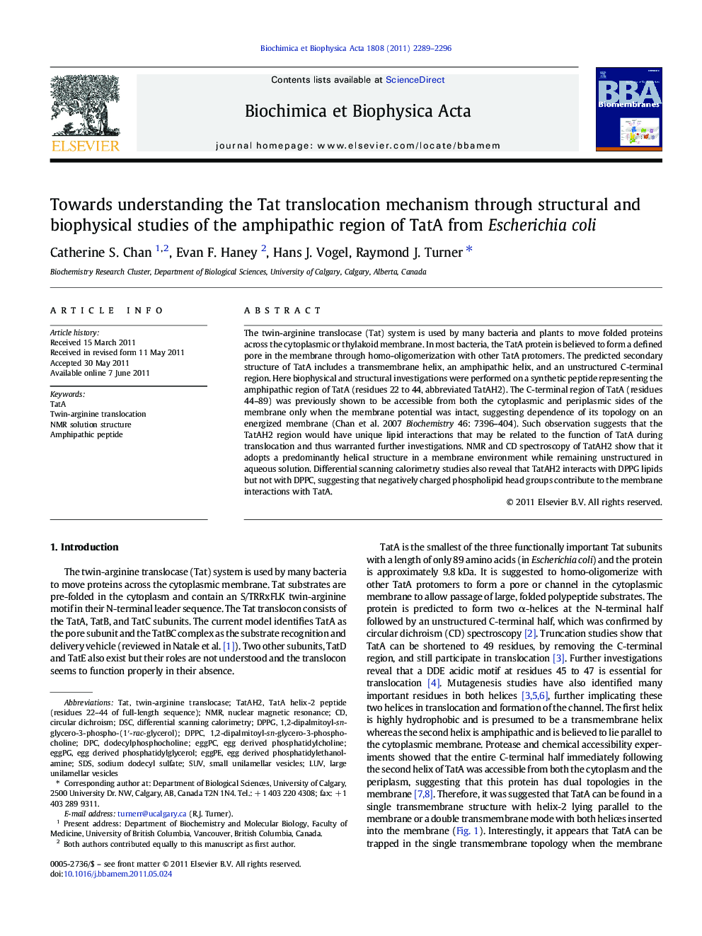 Towards understanding the Tat translocation mechanism through structural and biophysical studies of the amphipathic region of TatA from Escherichia coli