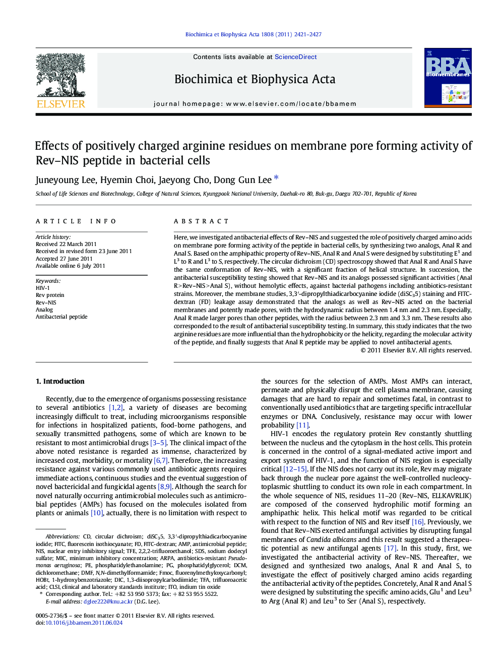 Effects of positively charged arginine residues on membrane pore forming activity of Rev-NIS peptide in bacterial cells