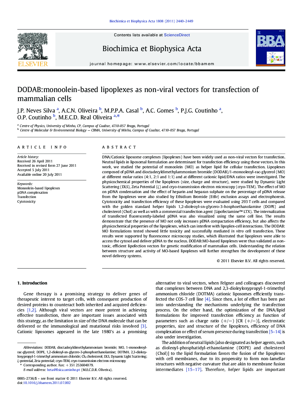 DODAB:monoolein-based lipoplexes as non-viral vectors for transfection of mammalian cells