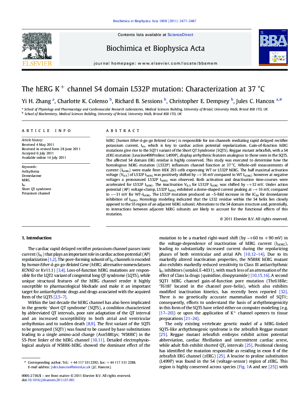 The hERG K+ channel S4 domain L532P mutation: Characterization at 37Â Â°C