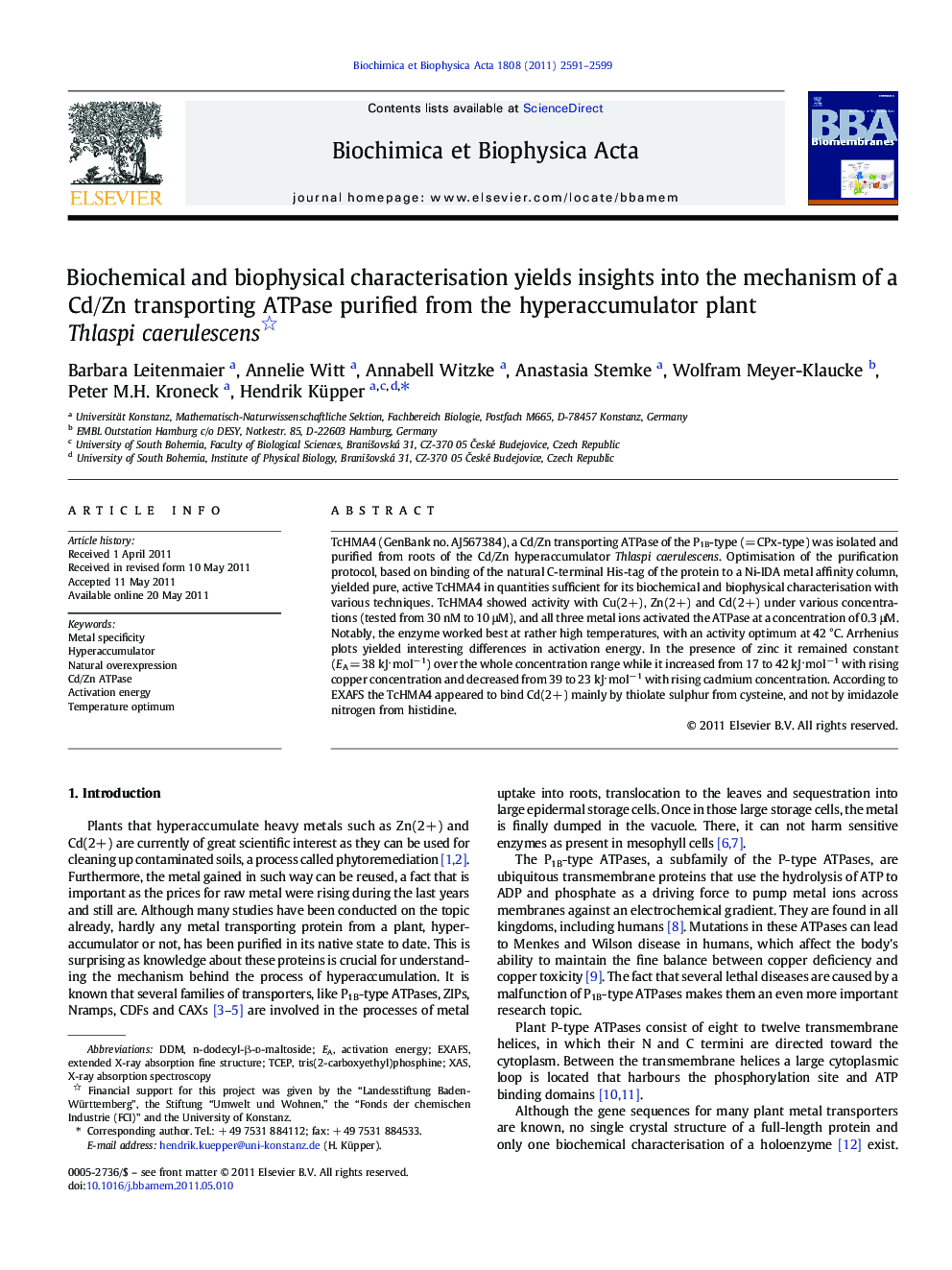 Biochemical and biophysical characterisation yields insights into the mechanism of a Cd/Zn transporting ATPase purified from the hyperaccumulator plant Thlaspi caerulescens