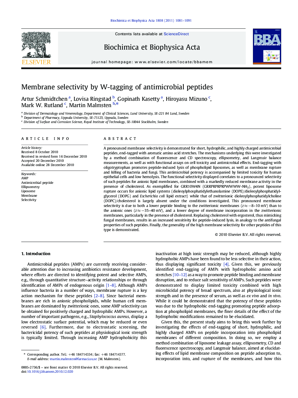 Membrane selectivity by W-tagging of antimicrobial peptides