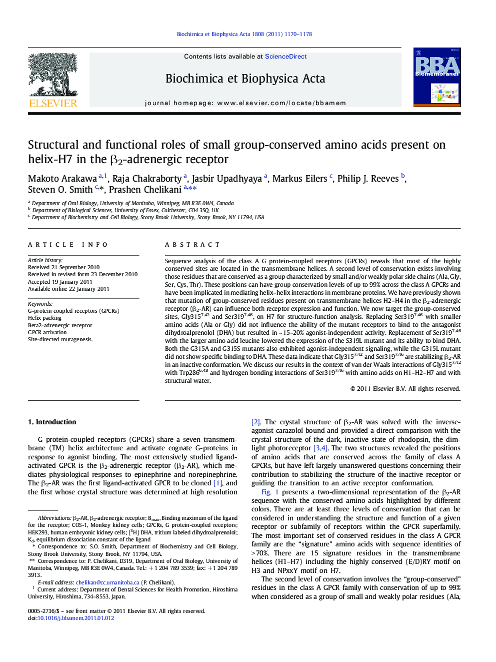 Structural and functional roles of small group-conserved amino acids present on helix-H7 in the Î²2-adrenergic receptor