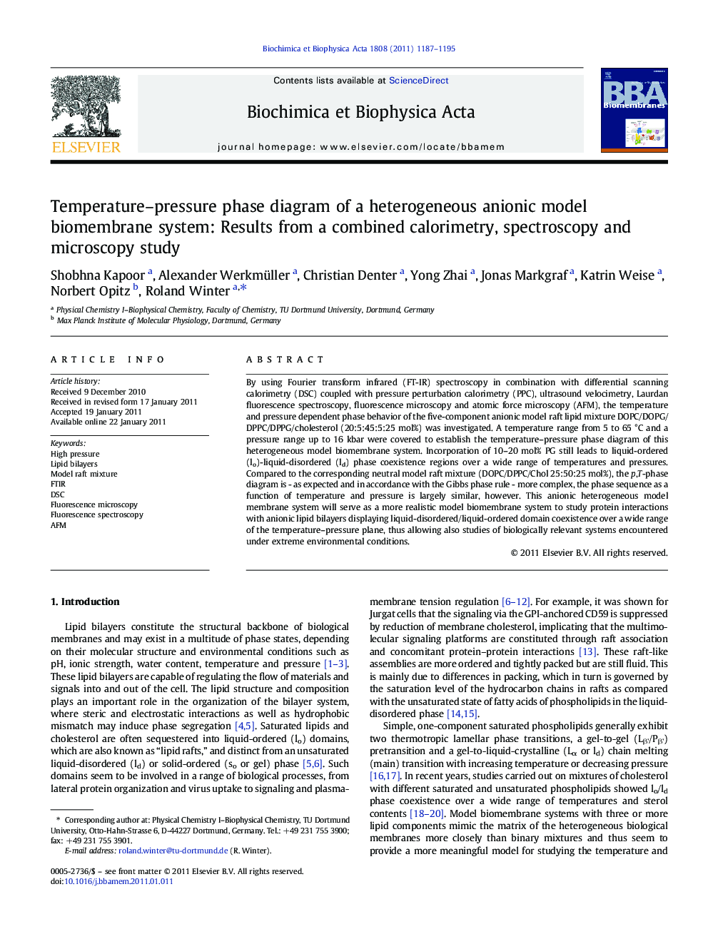 Temperature-pressure phase diagram of a heterogeneous anionic model biomembrane system: Results from a combined calorimetry, spectroscopy and microscopy study