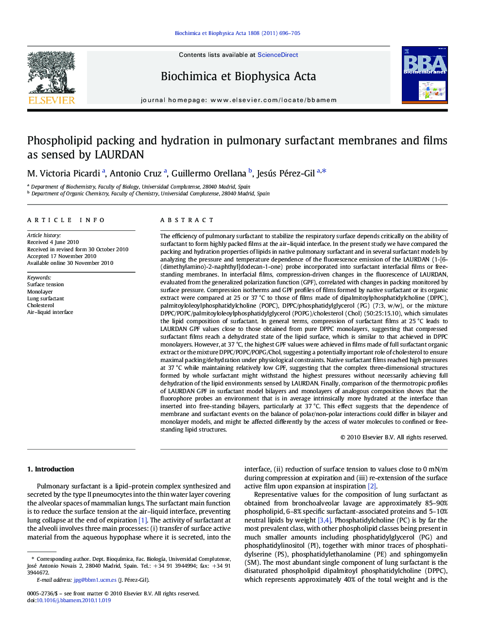 Phospholipid packing and hydration in pulmonary surfactant membranes and films as sensed by LAURDAN