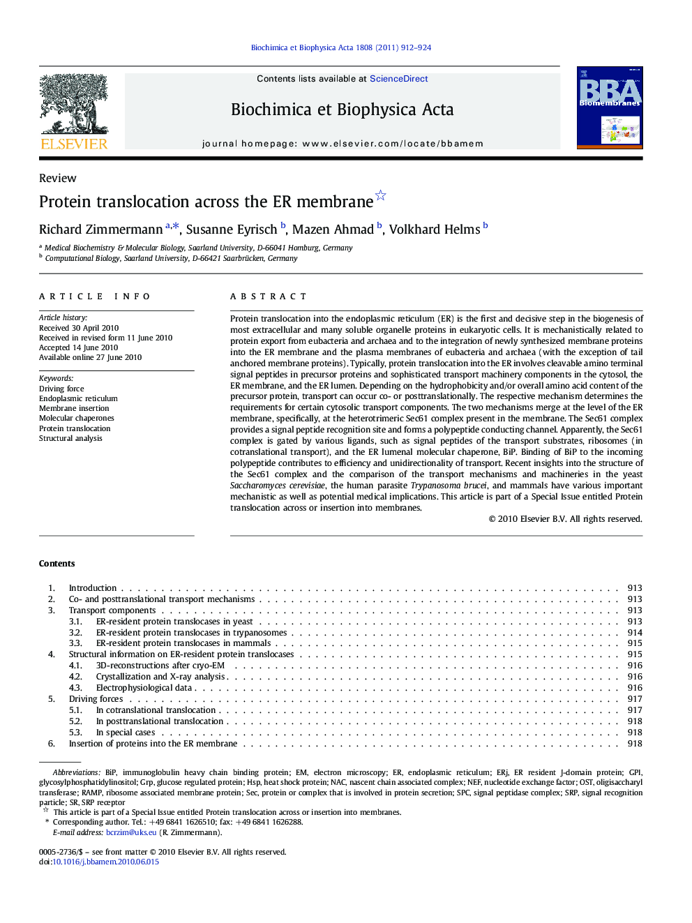 Protein translocation across the ER membrane