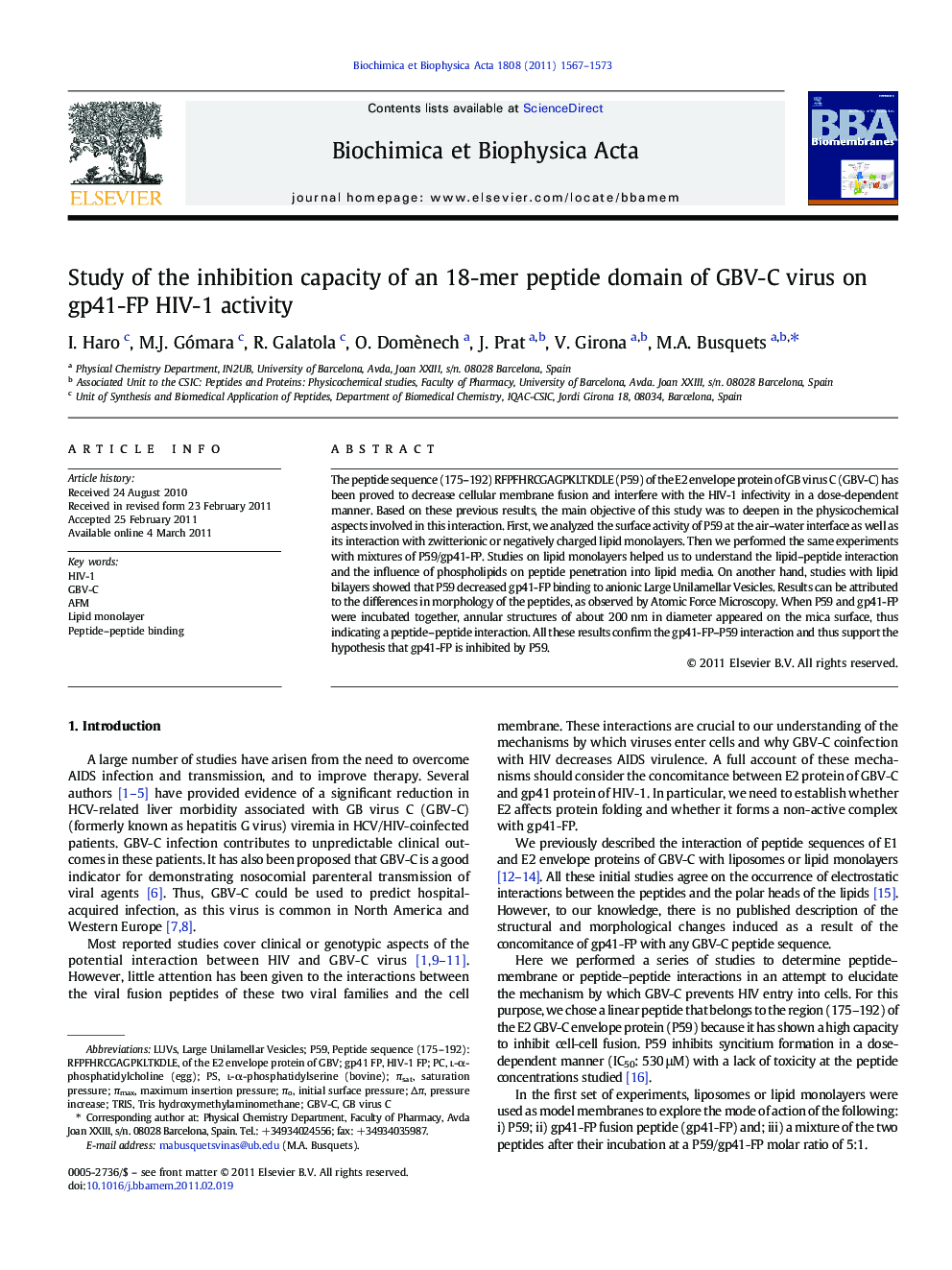 Study of the inhibition capacity of an 18-mer peptide domain of GBV-C virus on gp41-FP HIV-1 activity