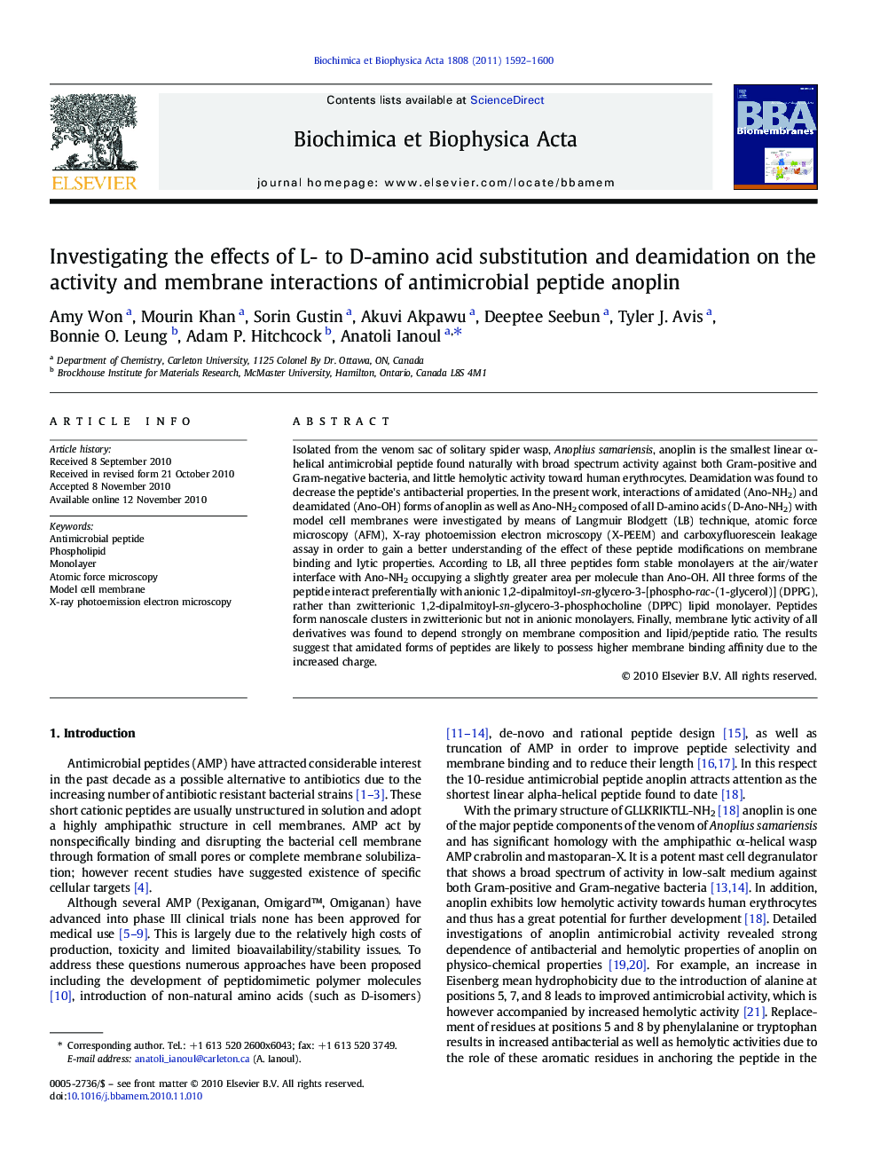 Investigating the effects of L- to D-amino acid substitution and deamidation on the activity and membrane interactions of antimicrobial peptide anoplin