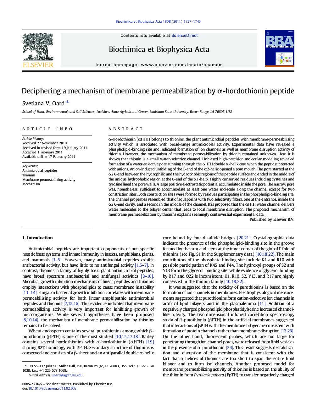 Deciphering a mechanism of membrane permeabilization by Î±-hordothionin peptide