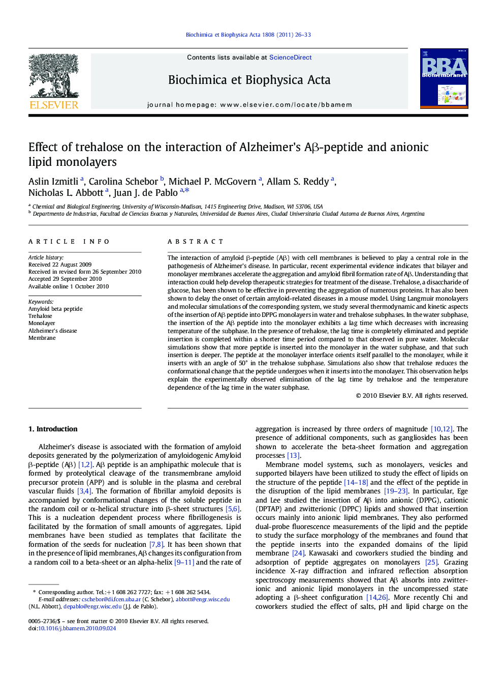 Effect of trehalose on the interaction of Alzheimer's AÎ²-peptide and anionic lipid monolayers