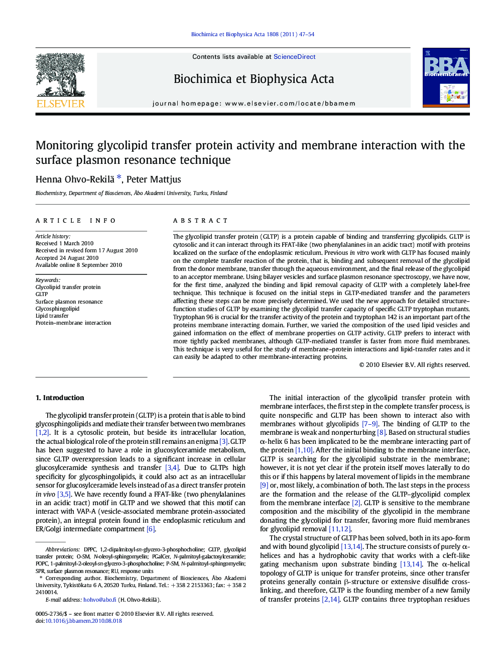 Monitoring glycolipid transfer protein activity and membrane interaction with the surface plasmon resonance technique